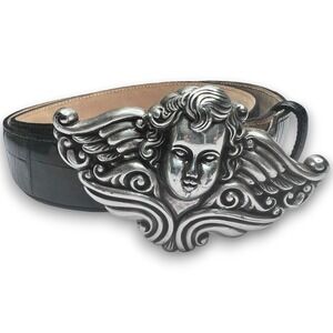 BRIGHTON Vintage 1995 Black Leather Croc Belt Silver Angel Cherub Buckle M 38103